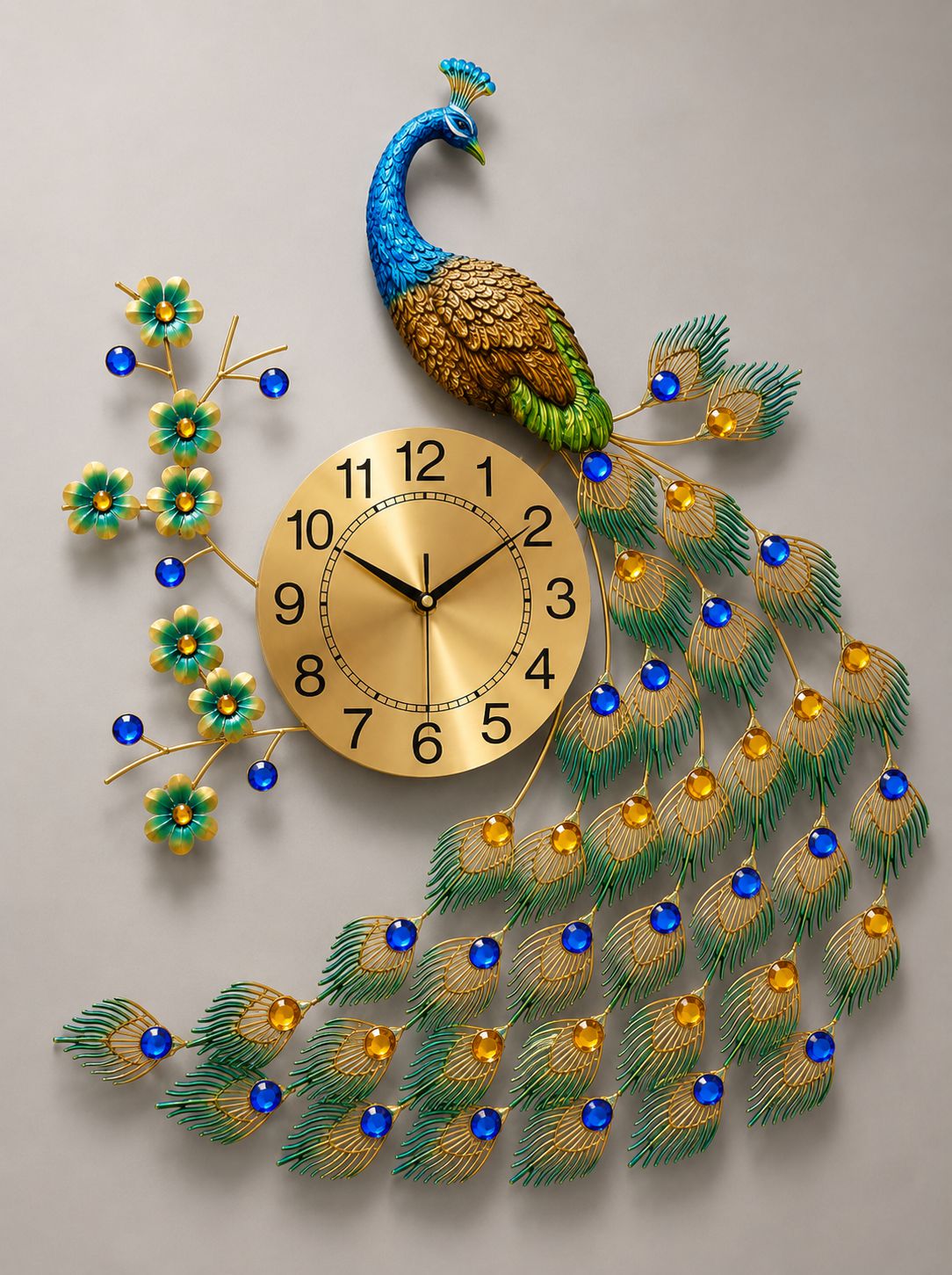 Decorative wall clock shaped like a peacock with gold face and colorful feathers on a beige background