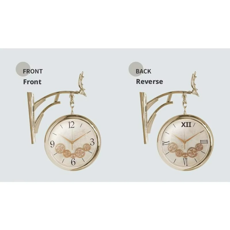 Decorative wall clock showing front and back views on a white background