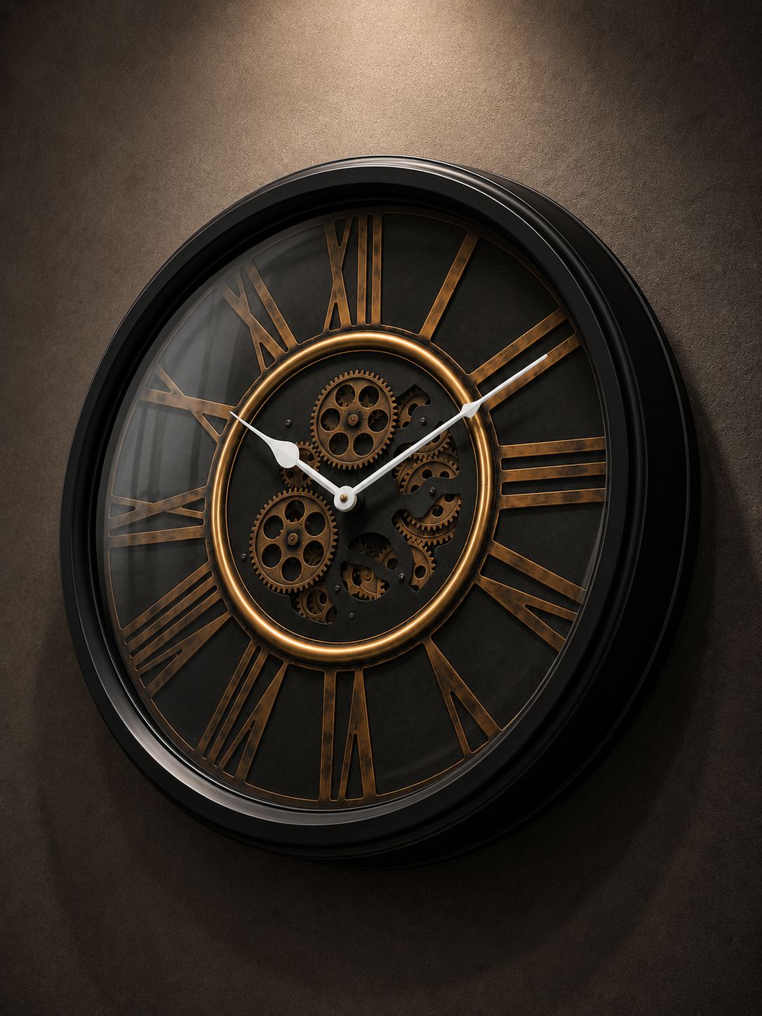 Decorative wall clock with Roman numerals and mechanical details on a dark background