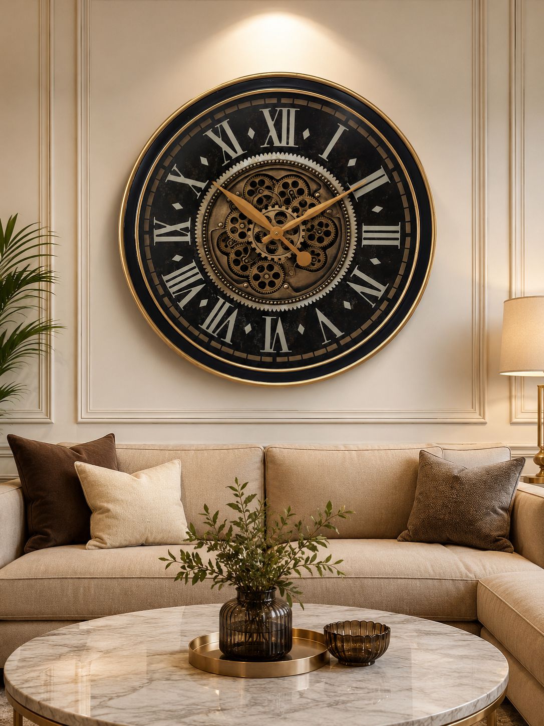 Decorative wall clock with Roman numerals in a living room setting.
