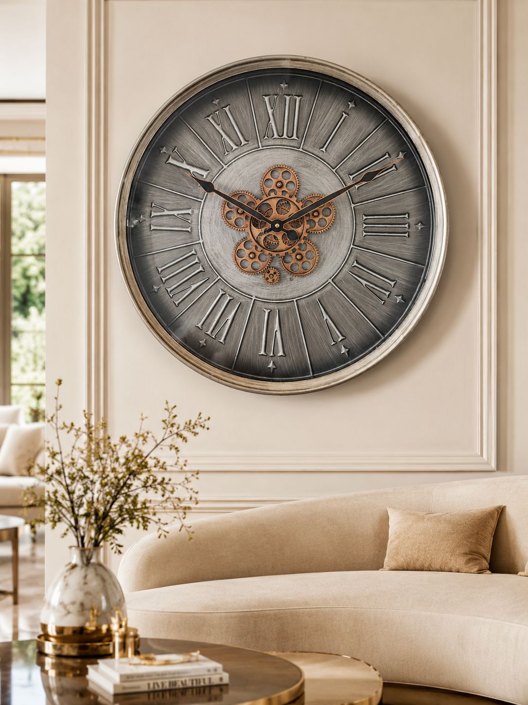 Decorative wall clock with Roman numerals in a living room setting