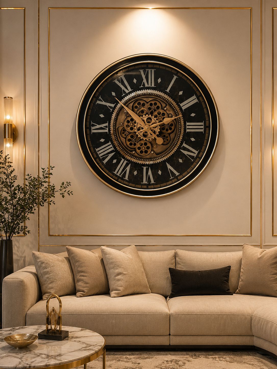 Decorative wall clock with Roman numerals on a wall above a beige sofa.