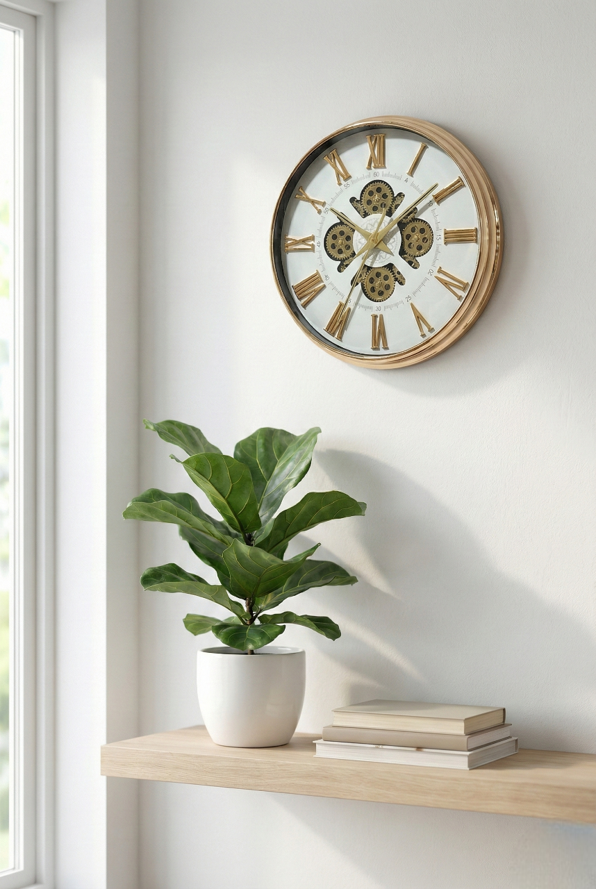 Decorative wall clock with a plant and books on a shelf in a bright room.