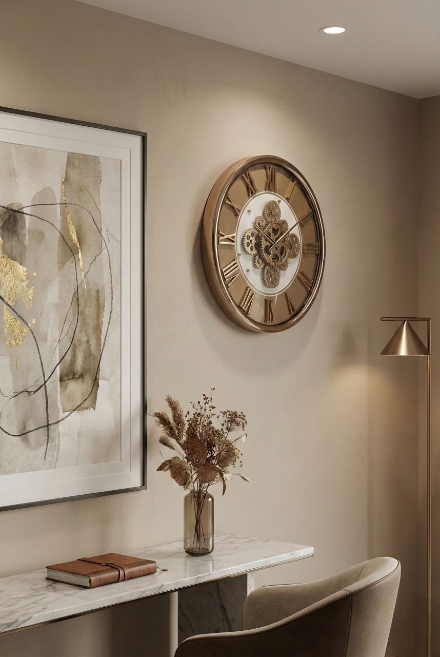 Decorative wall clock with abstract art and a vase on a table in a room.