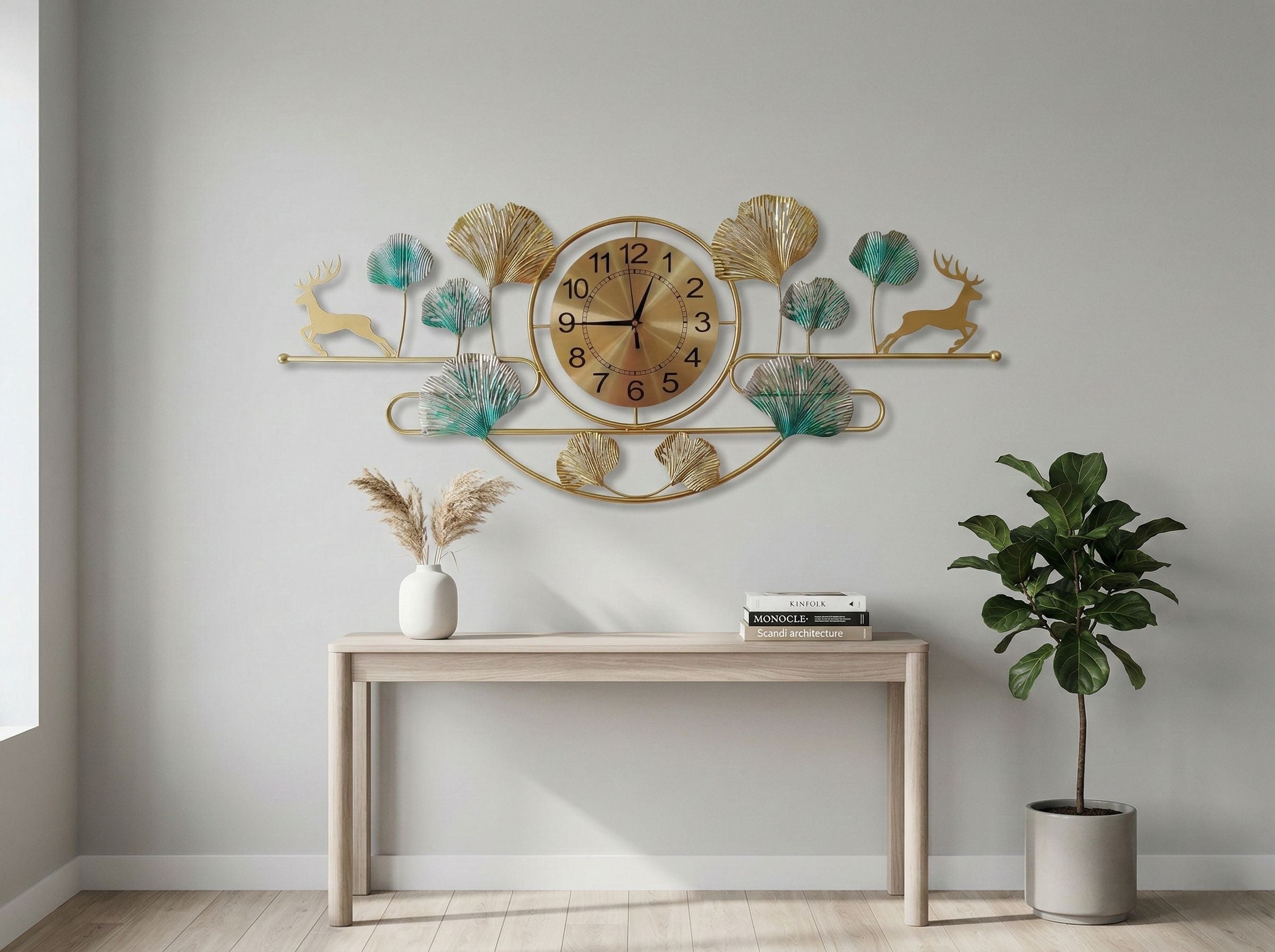 Decorative wall clock with animal designs in a room with a table and plant.