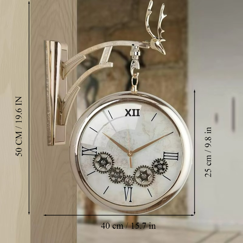 Luxury Dual-Sided Deer Hanging Wall Clock With Working Rotating Gears – Teal Green & Cream