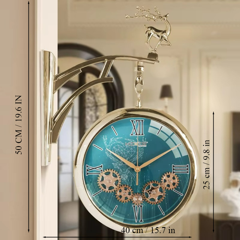 Luxury Dual-Sided Deer Hanging Wall Clock With Working Rotating Gears – Teal Green & Cream