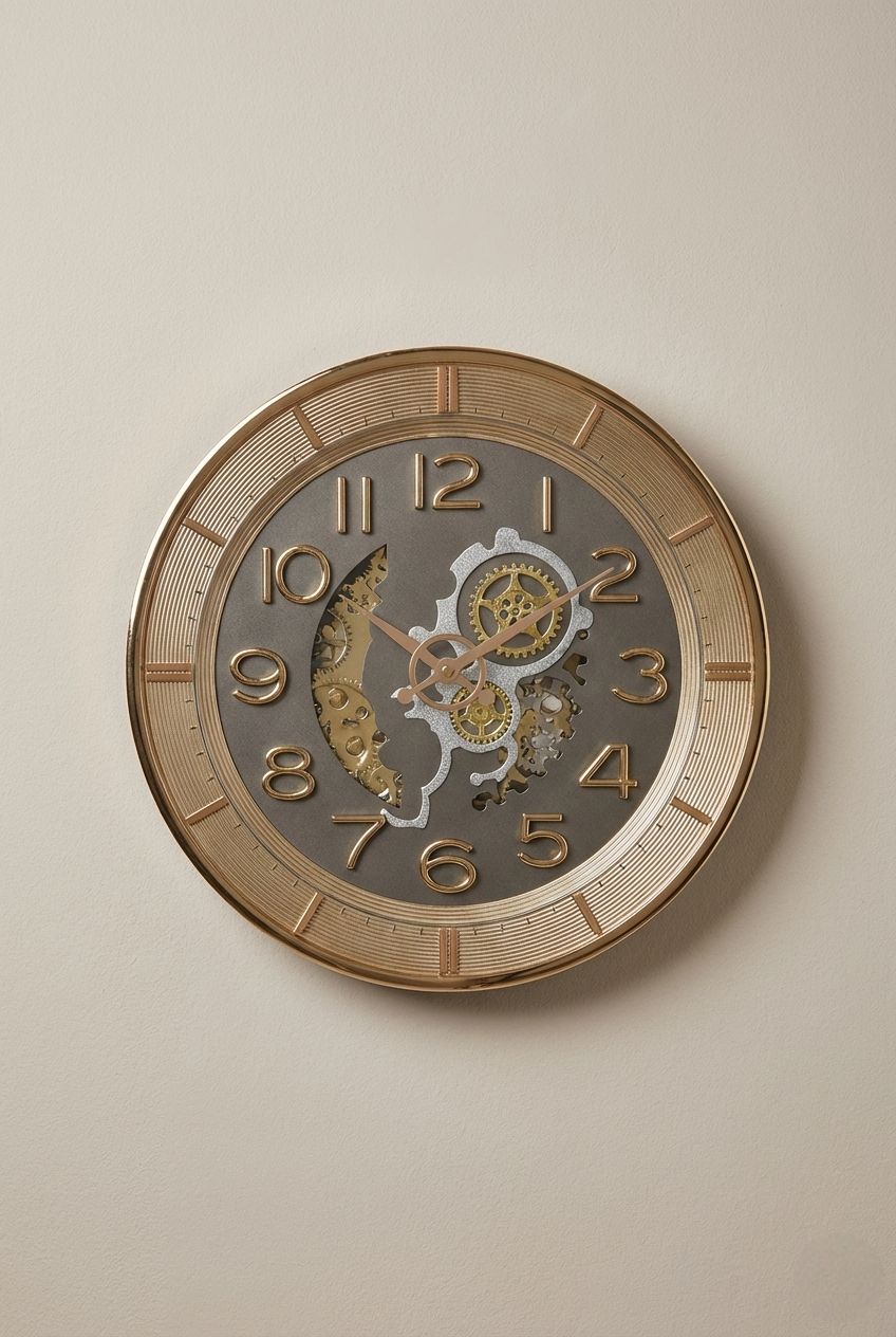 Decorative wall clock with detailed design on a beige wall