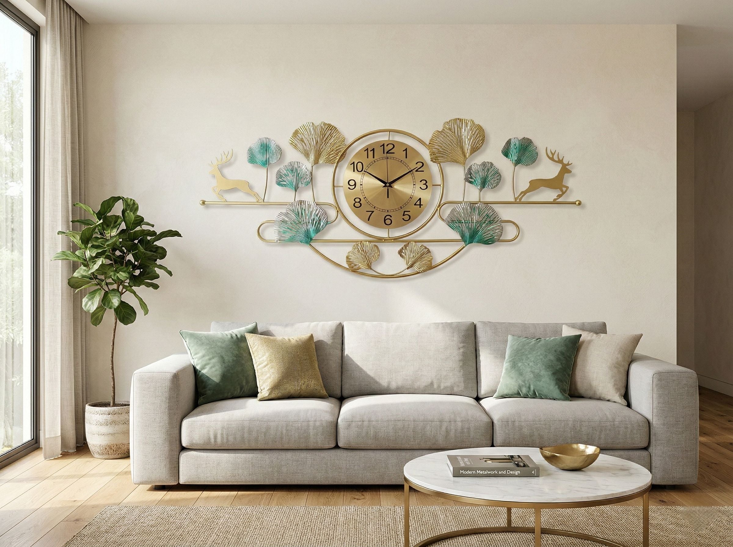 Decorative wall clock with floral and animal designs in a living room setting.