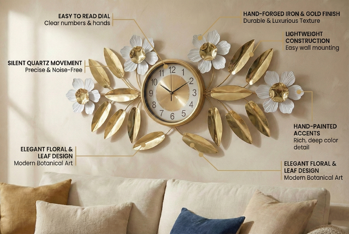Decorative wall clock with floral and leaf design on a beige sofa background