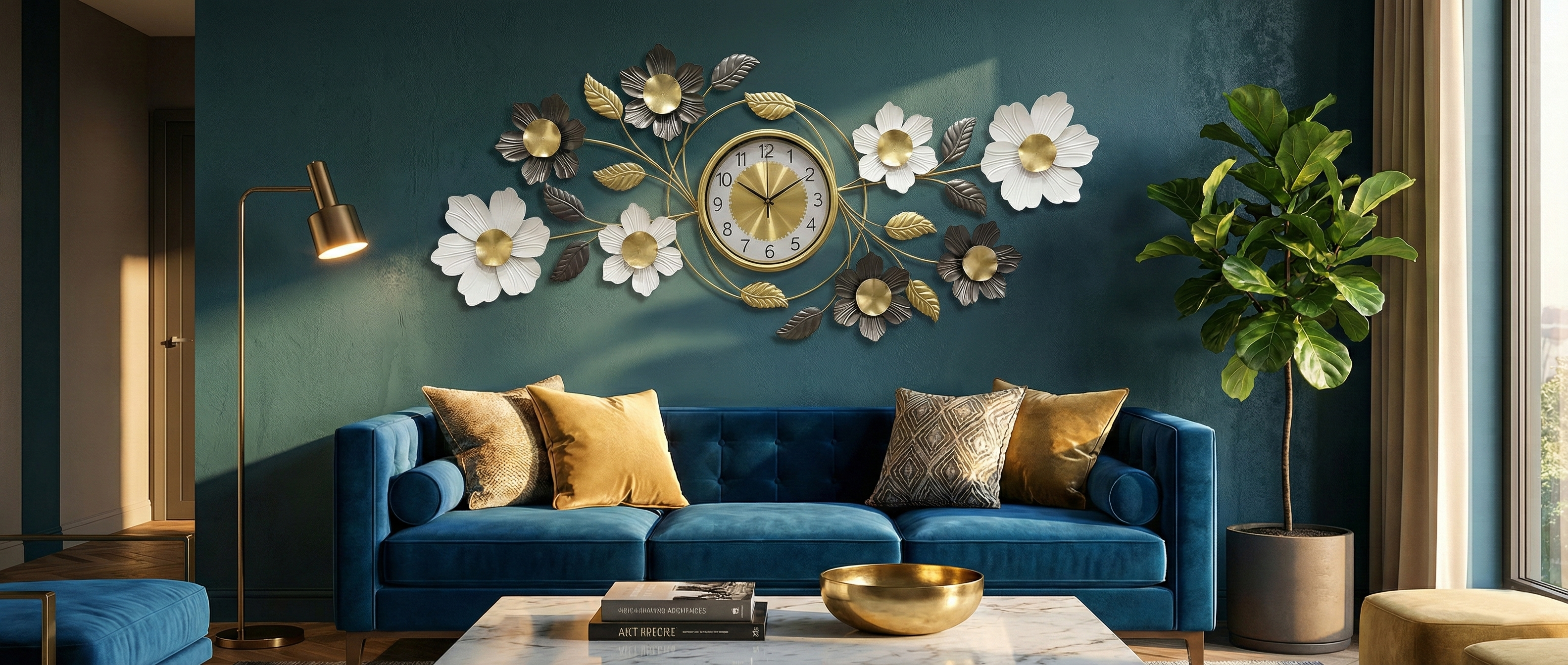 Decorative wall clock with floral design above a blue sofa in a living room.