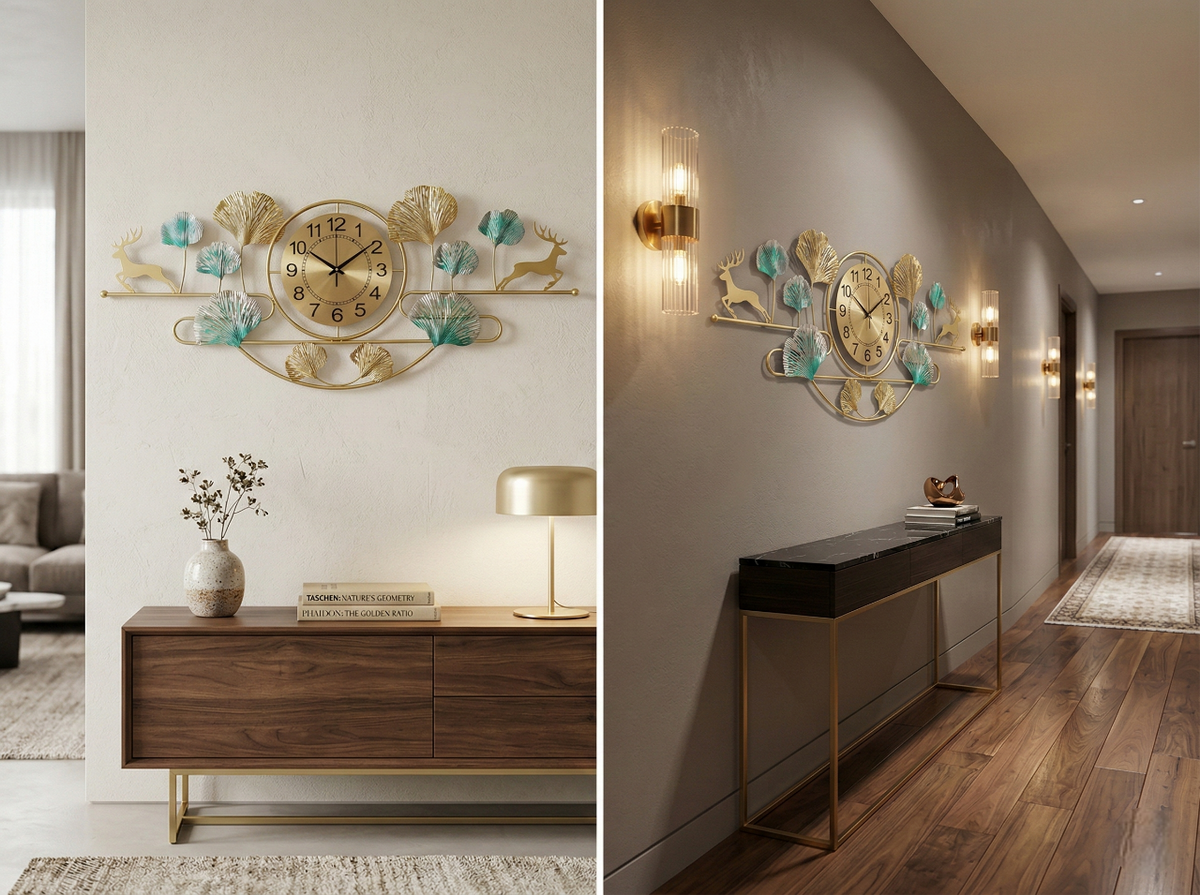 Decorative wall clock with floral design in a modern interior setting.
