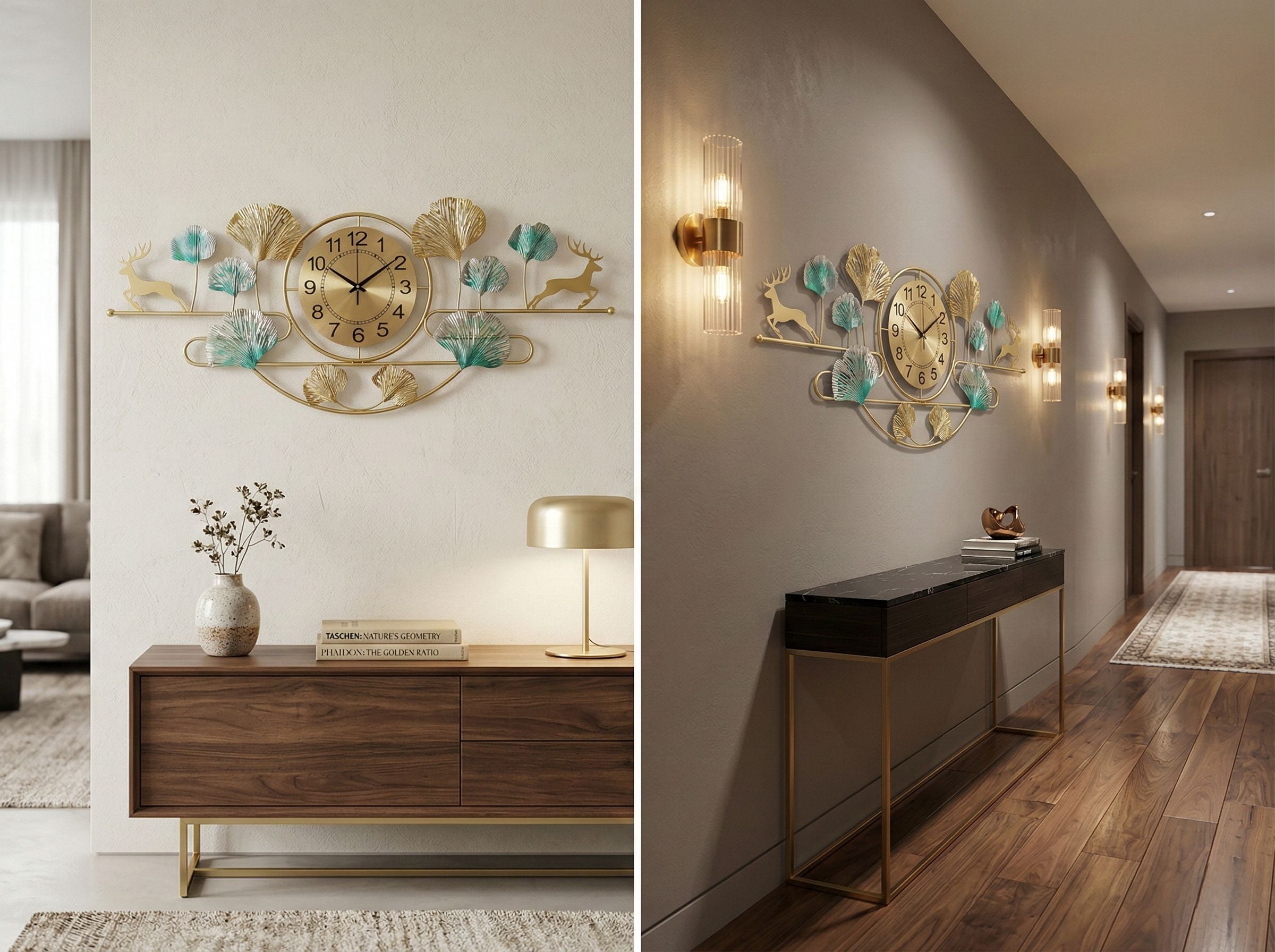 Decorative wall clock with floral design in a modern interior setting.