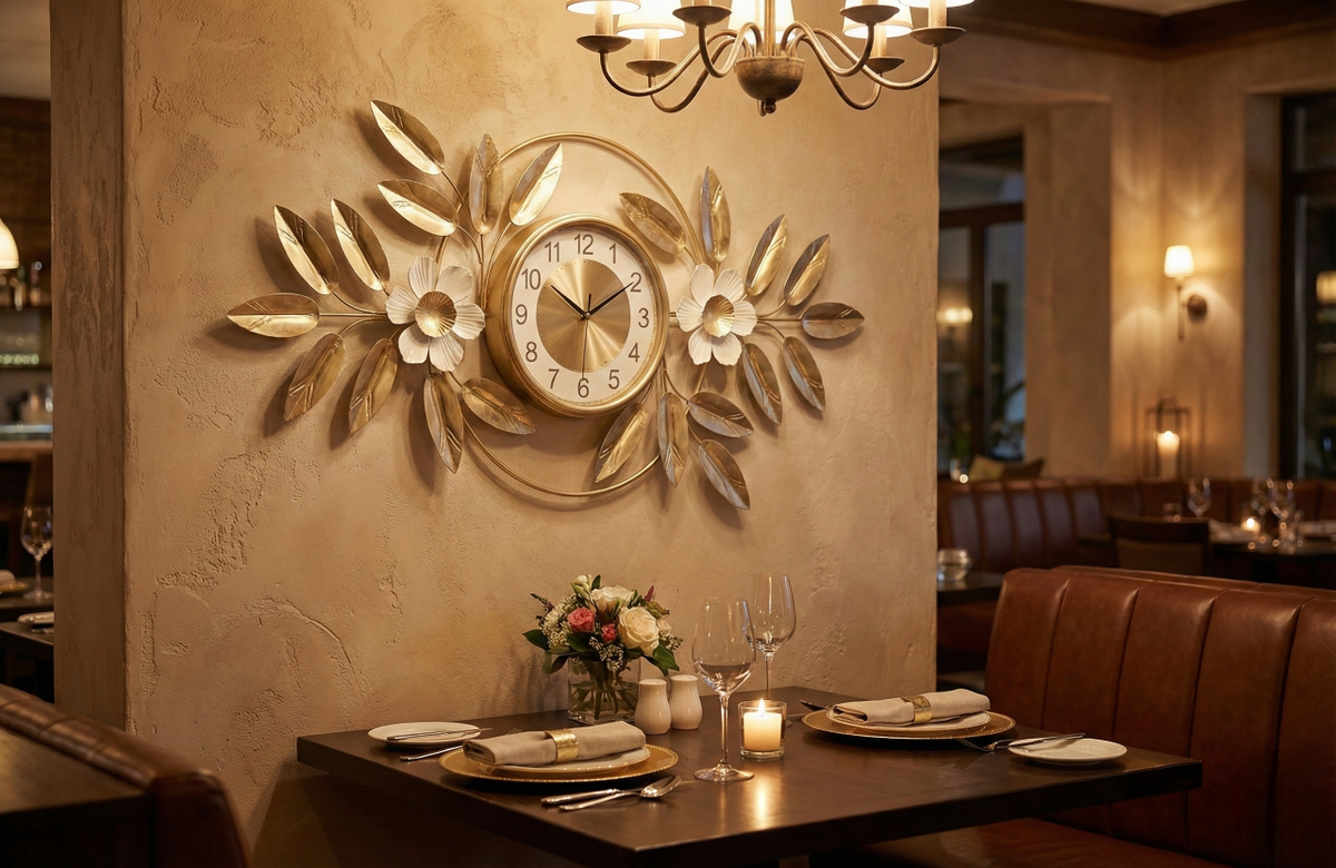 Decorative wall clock with floral design in a restaurant setting