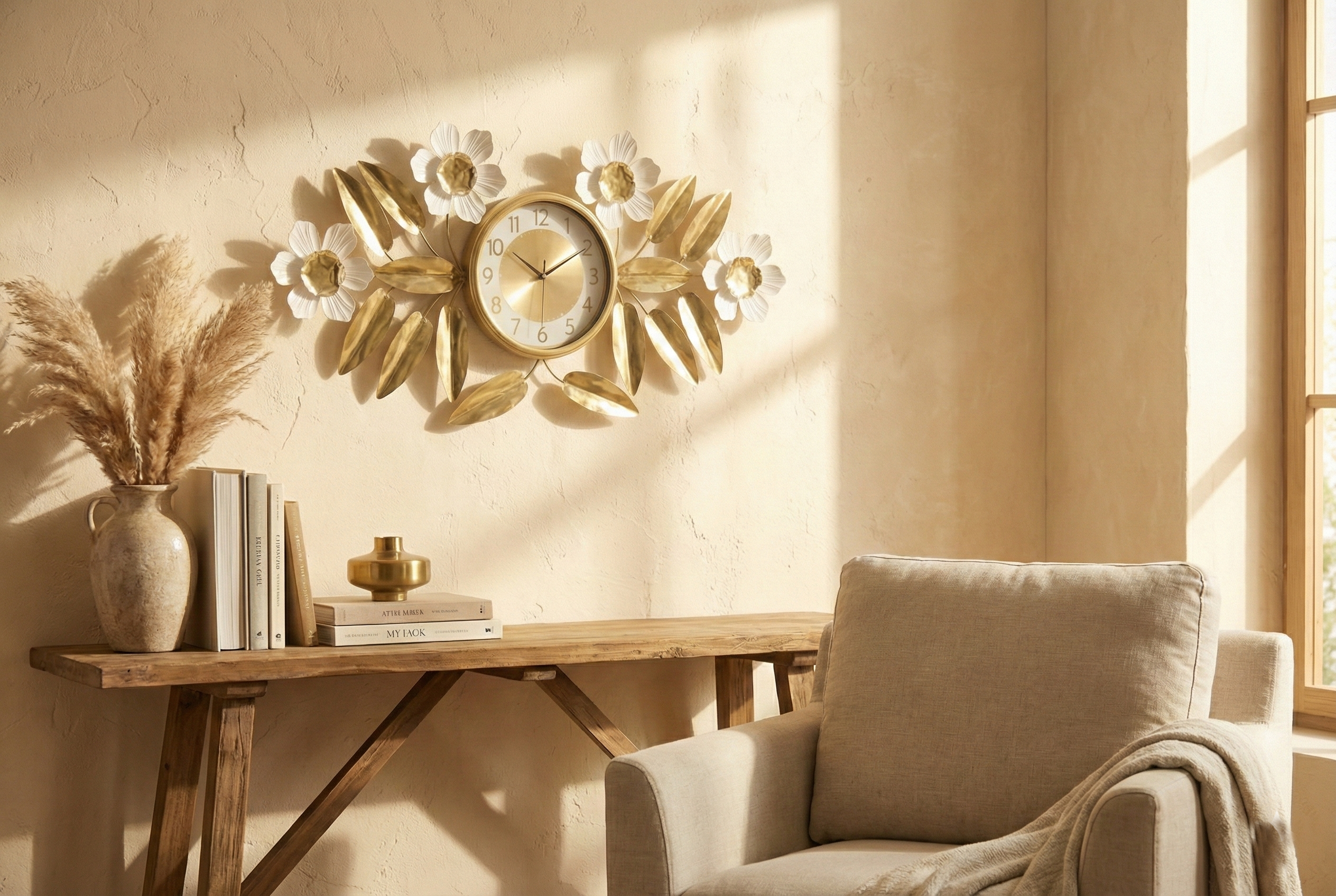 Decorative wall clock with floral design on a wall above a wooden console table in a sunlit room.