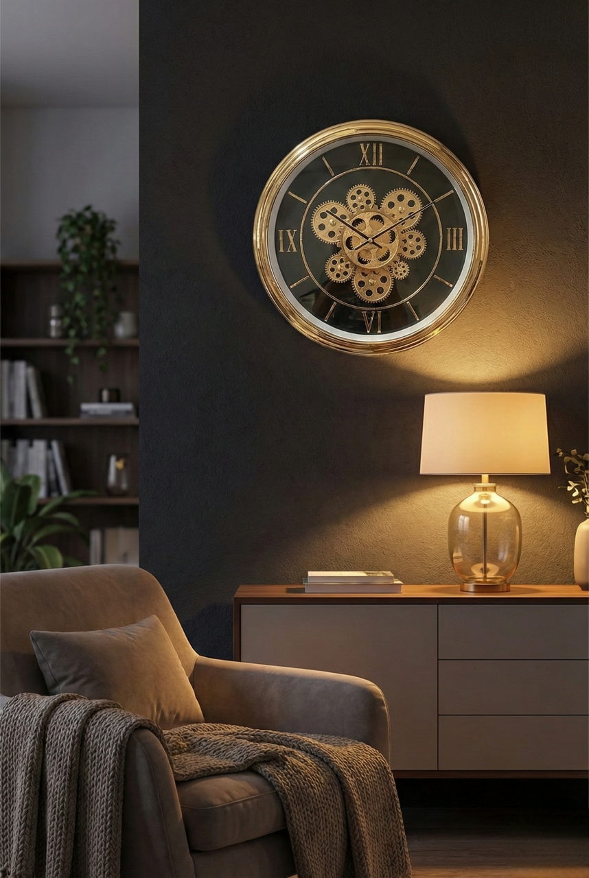Decorative wall clock with gear design in a cozy living room setting.