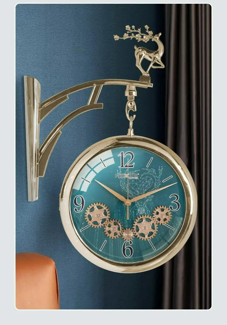 Decorative wall clock with gear design on a blue wall