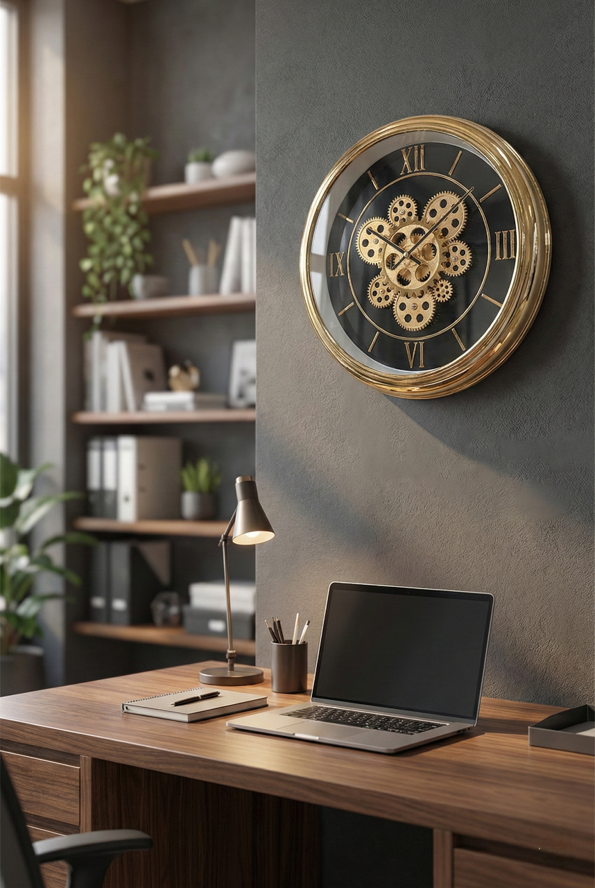 Decorative wall clock with gear design on a gray wall above a wooden desk with a laptop.