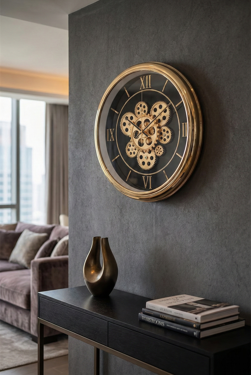 Decorative wall clock with gear design on a gray wall in a modern living room.