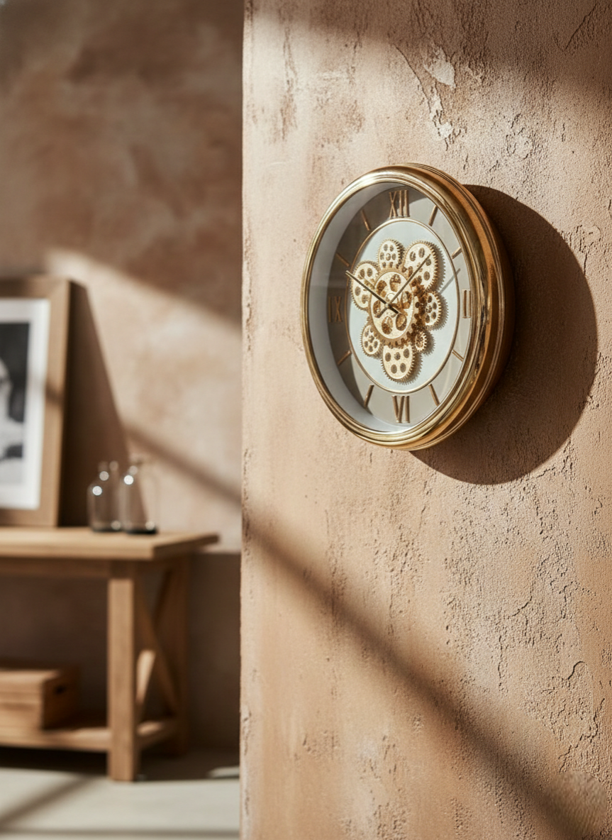 Decorative wall clock with gear design on a textured beige wall