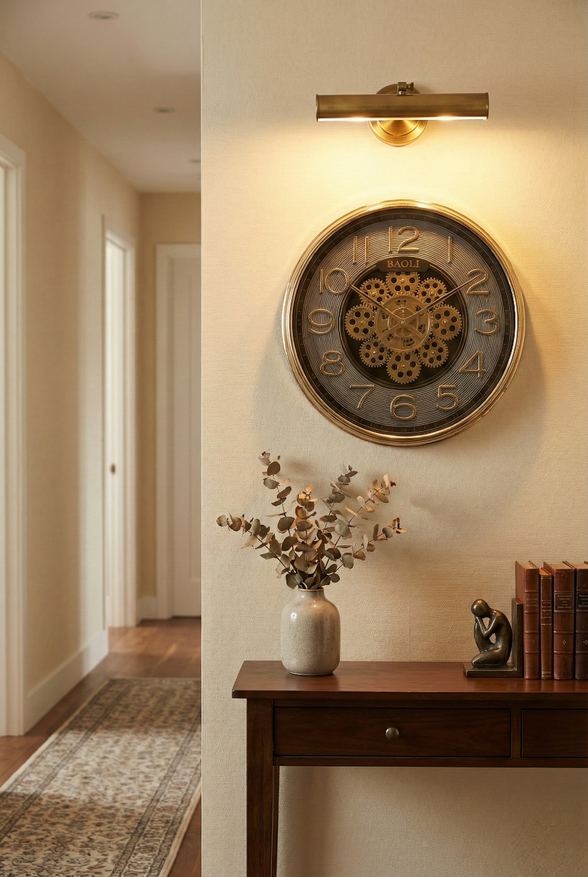 Decorative wall clock with gear design on a wall above a wooden console table.
