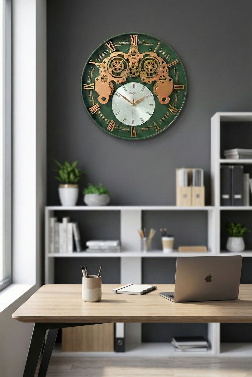 Decorative wall clock with gears in a modern office setting