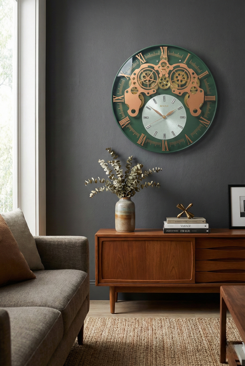 Decorative wall clock with gears on a dark gray wall above a wooden cabinet in a living room.