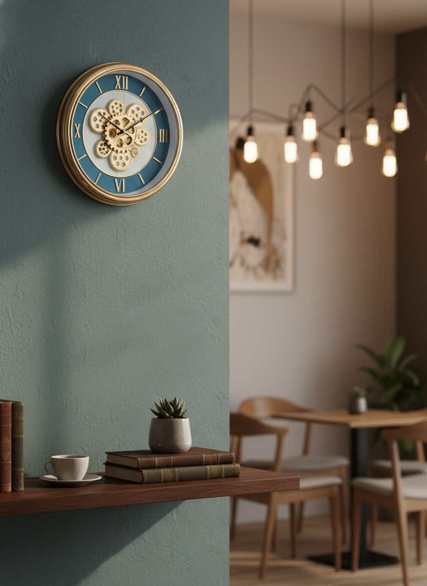 Decorative wall clock with gears on a green wall in a cozy room with a table and chairs.