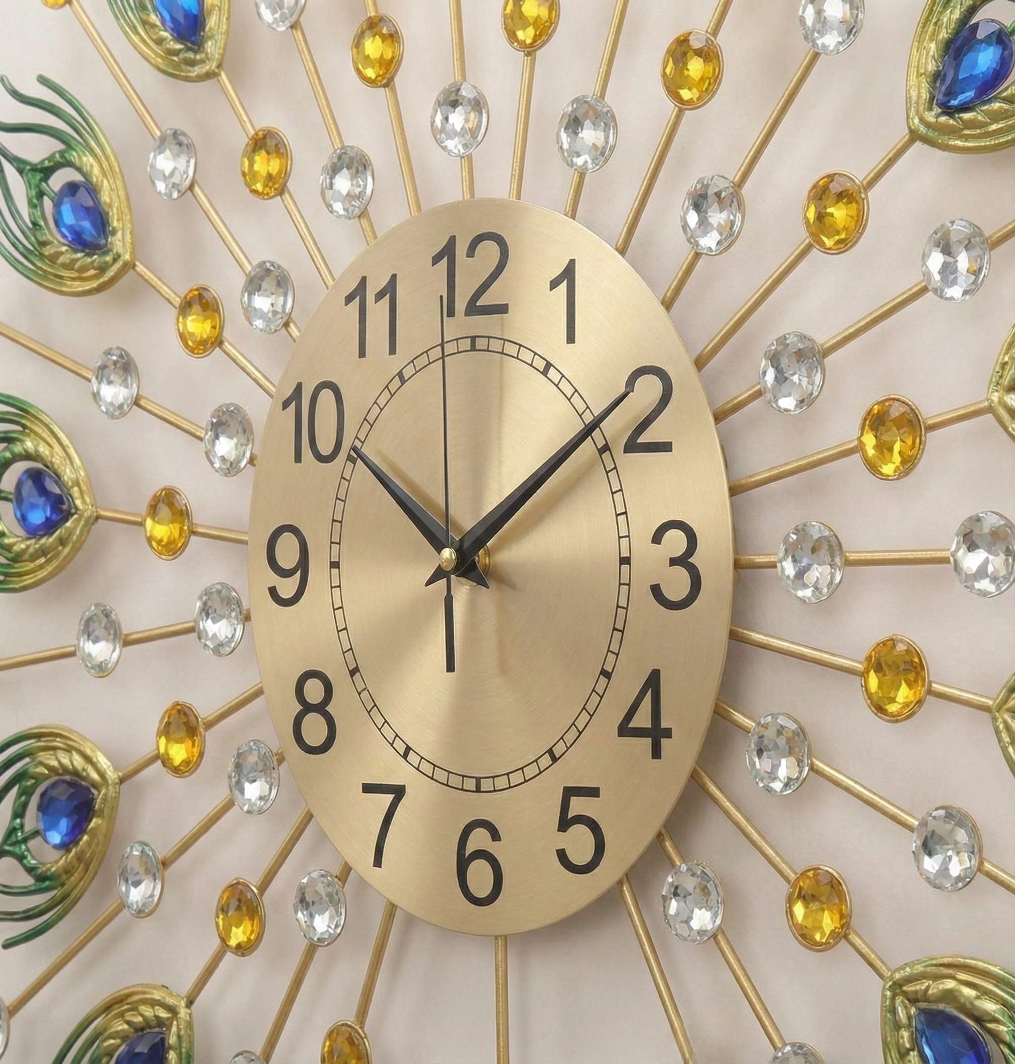 Decorative wall clock with gemstone accents on a neutral background