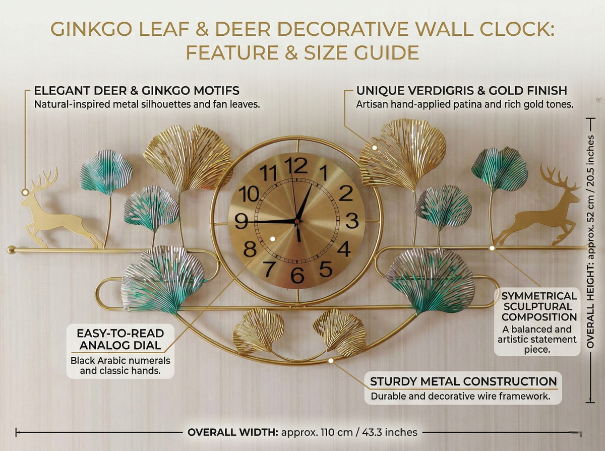 Decorative wall clock with ginkgo leaf and deer motifs, featuring a feature and size guide.