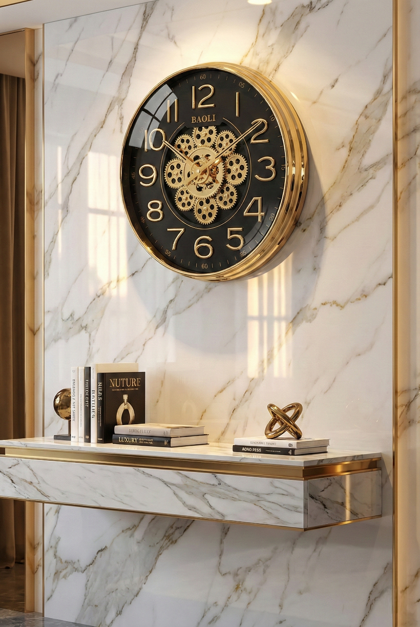 Decorative wall clock with gold accents on a marble wall