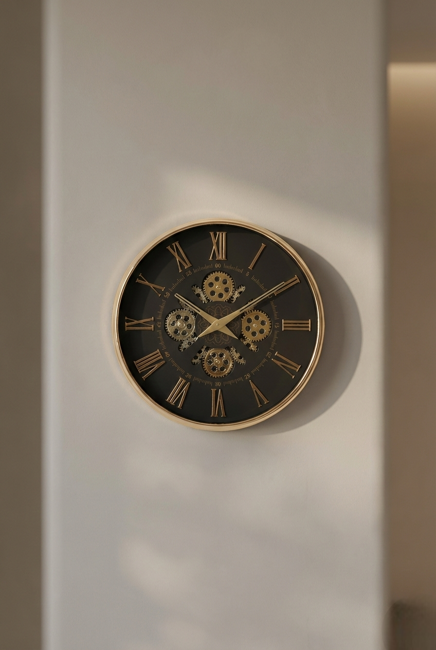 Decorative wall clock with gold and black design on a light gray background