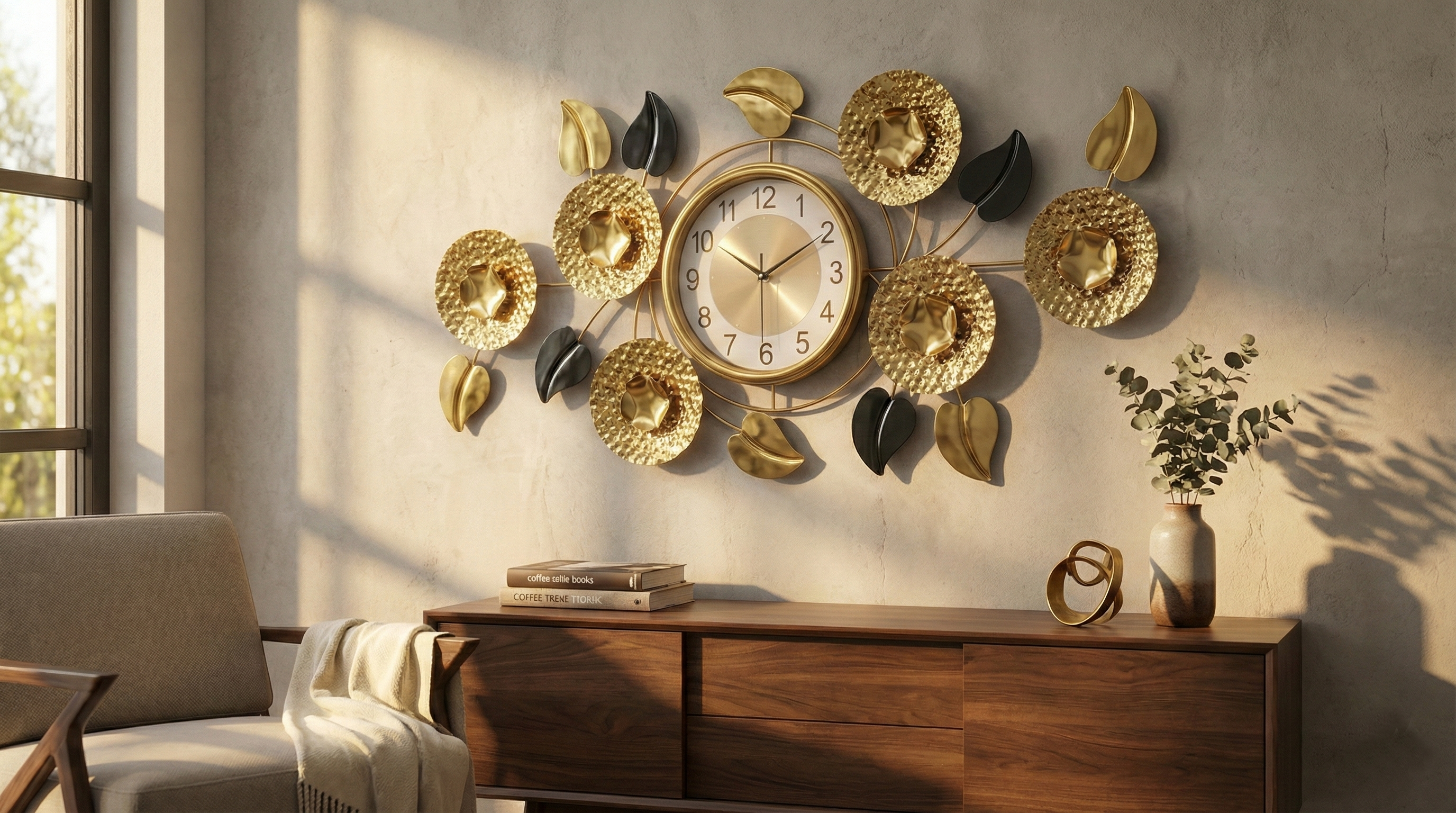 Decorative wall clock with gold and black floral designs in a living room setting.