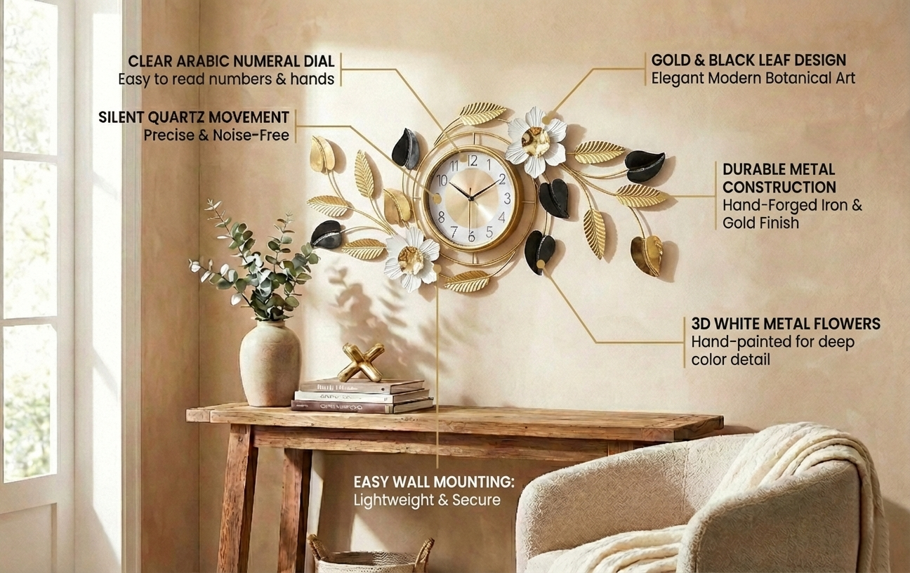 Decorative wall clock with gold and black leaf design on a wall with a table and chair.