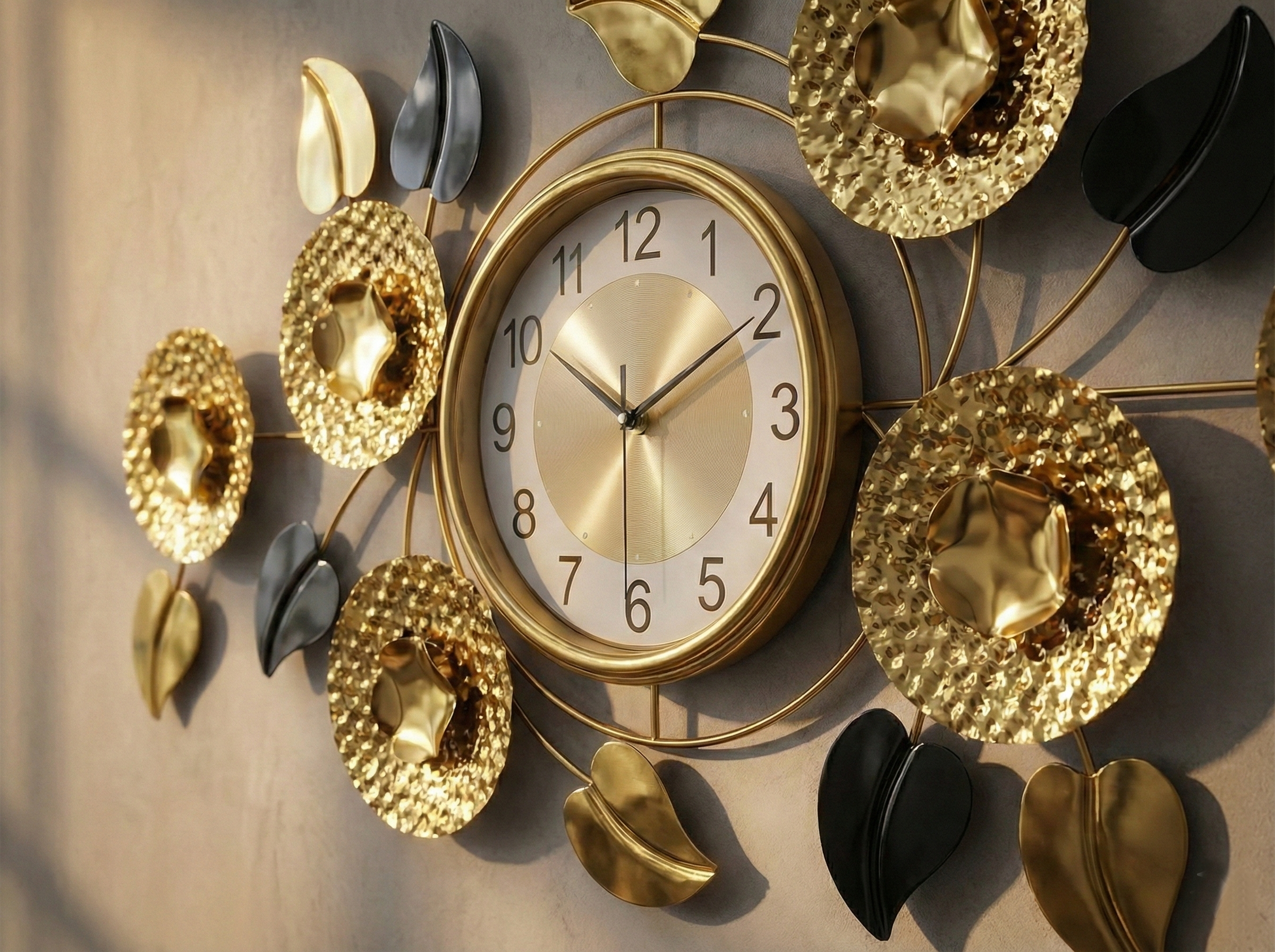 Decorative wall clock with gold and black leaf designs on a brown background