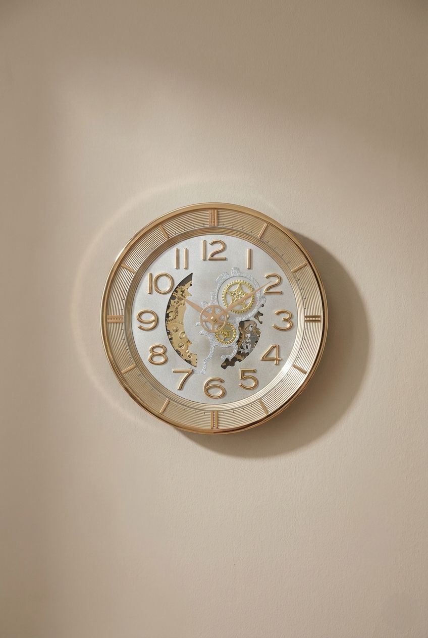 Decorative wall clock with gold and white design on a beige wall