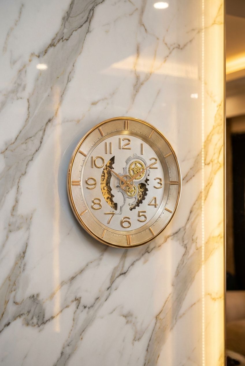 Decorative wall clock with gold and white design on a marble wall.