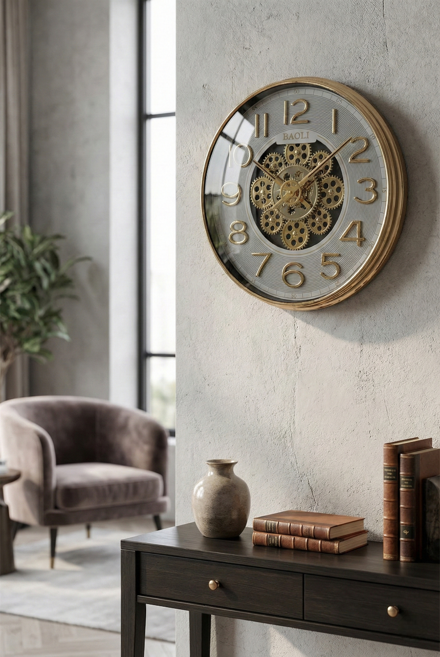 Decorative wall clock with gold frame and white face in a room with a chair and books.