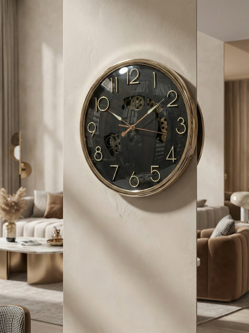 Decorative wall clock with intricate design in a living room setting