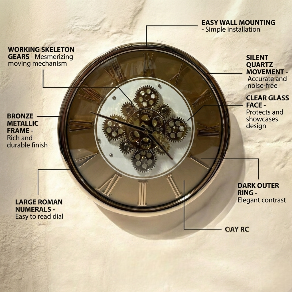 Decorative wall clock with labeled features on a beige background