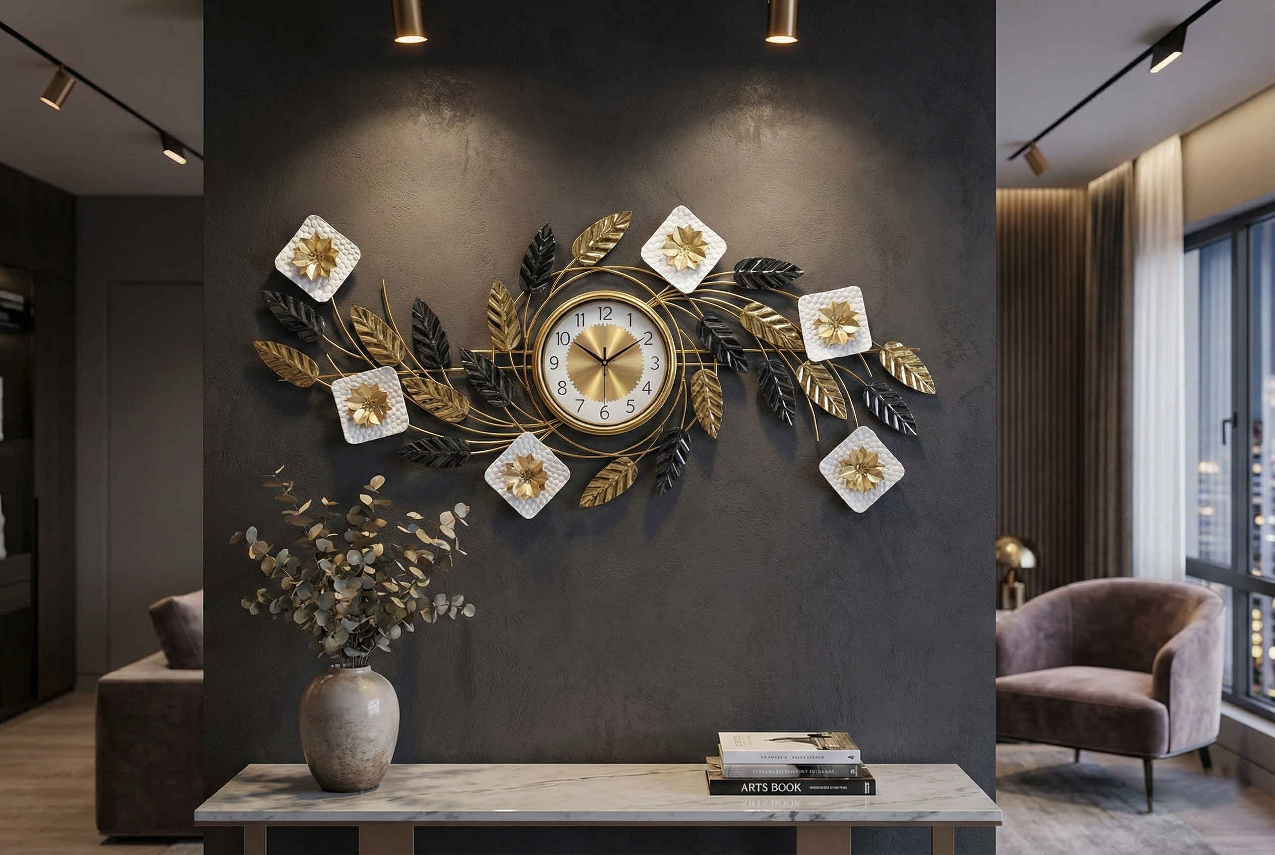 Decorative wall clock with leaf design on a dark wall in a modern living room.