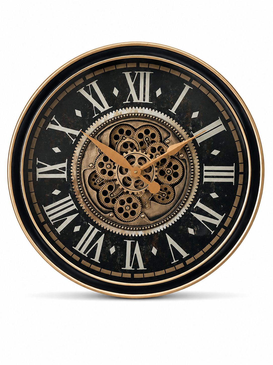 Decorative wall clock with mechanical design and black face