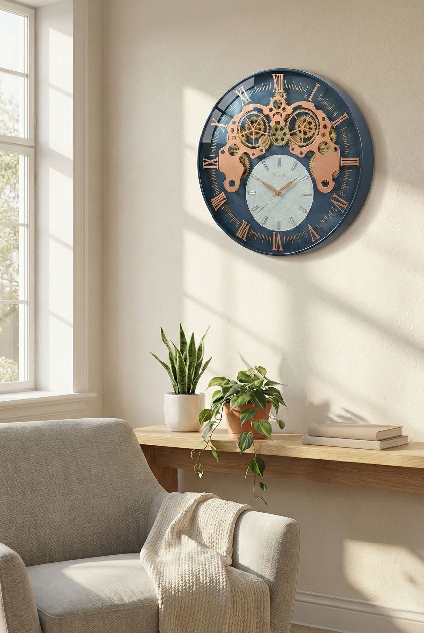 Decorative wall clock with mechanical design in a room with a window, plant, and books.