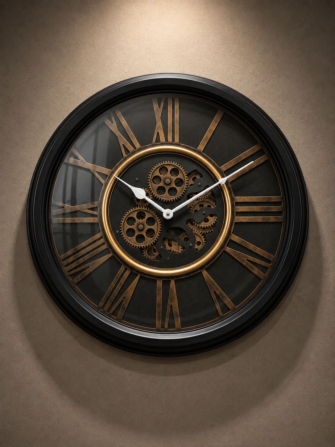 Decorative wall clock with mechanical design on a beige wall