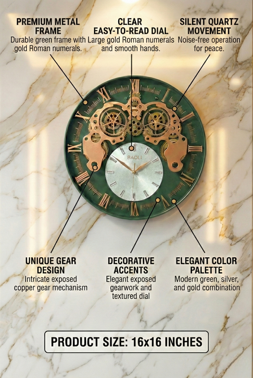 Decorative wall clock with mechanical design on a marble background