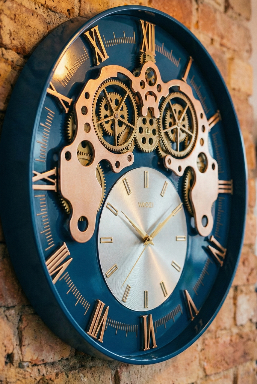 Decorative wall clock with mechanical design on a textured wall background