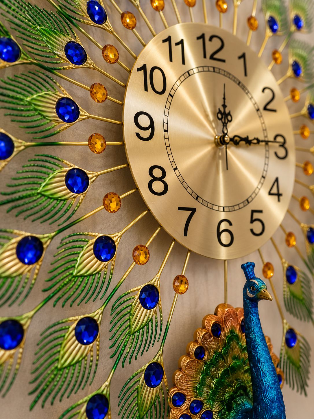 Decorative wall clock with peacock design and gemstones