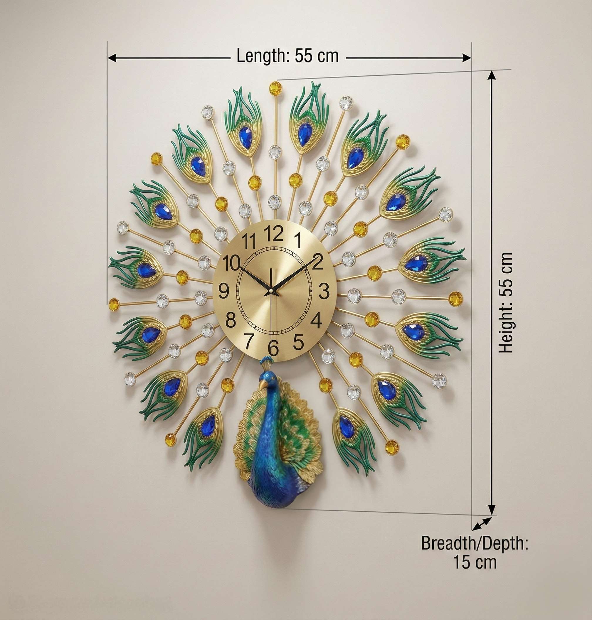 Decorative wall clock with peacock design and measurements on a beige background