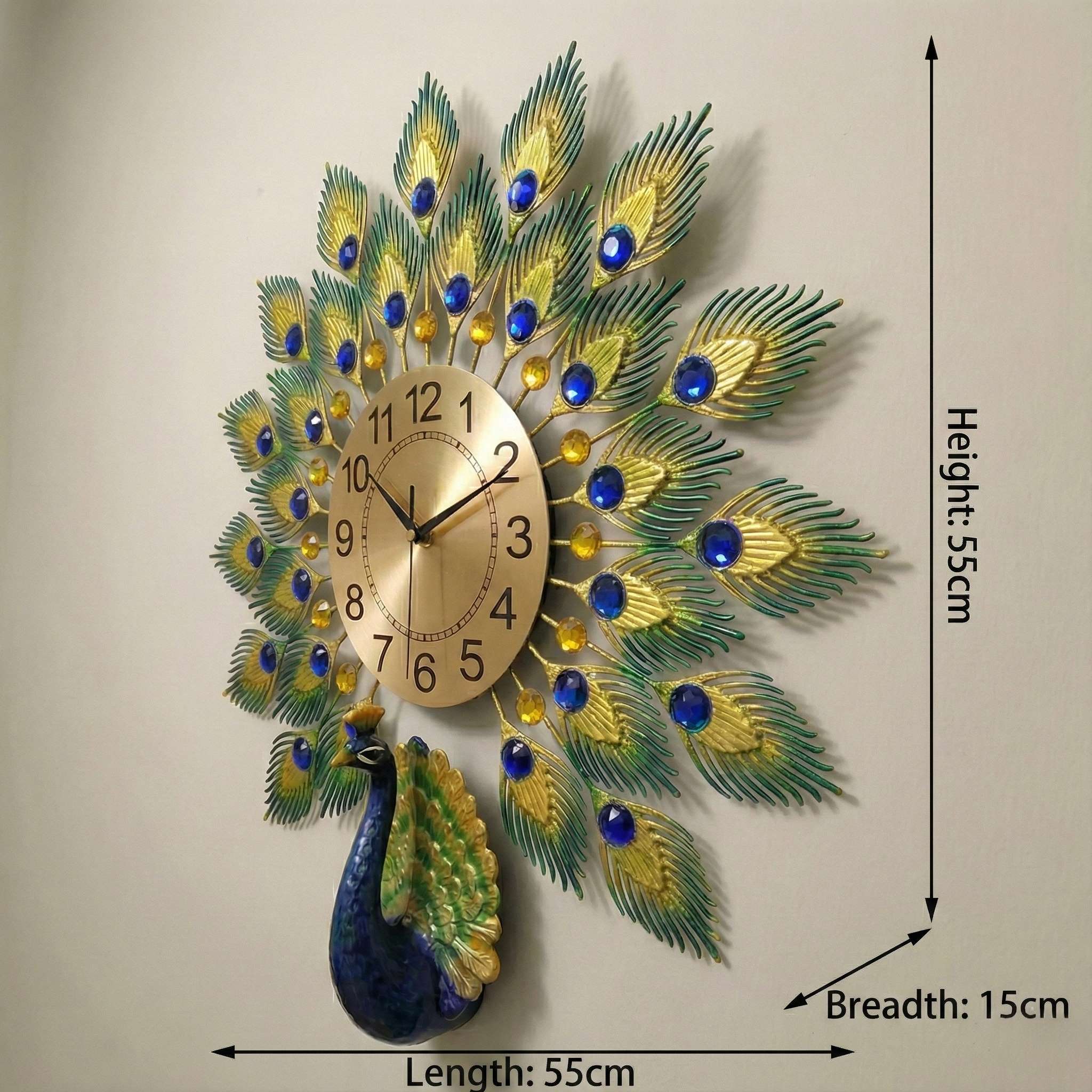 Decorative wall clock with peacock design and measurements on a plain background