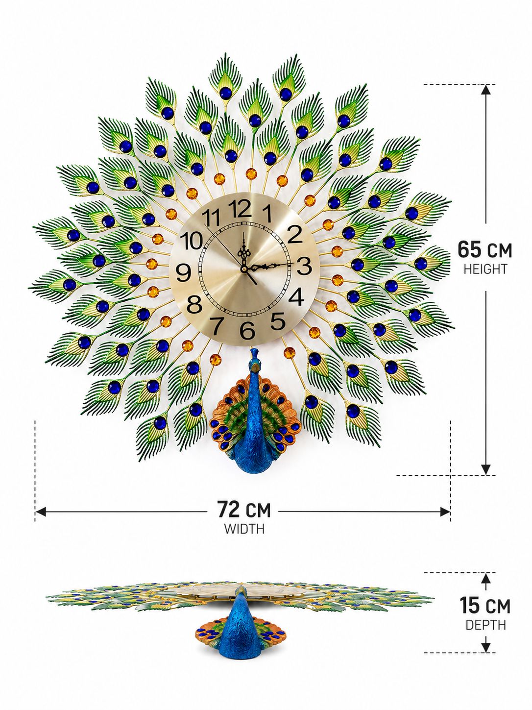 Decorative wall clock with peacock design and measurements on a white background